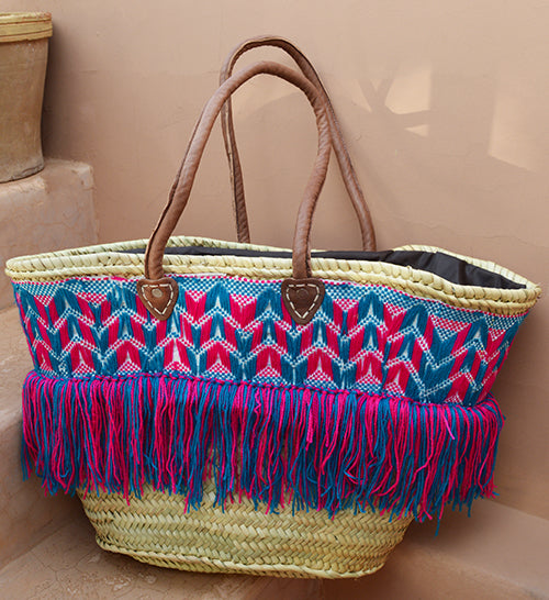 Handmade Moroccan Beach Bag - Electric Pink/Blue