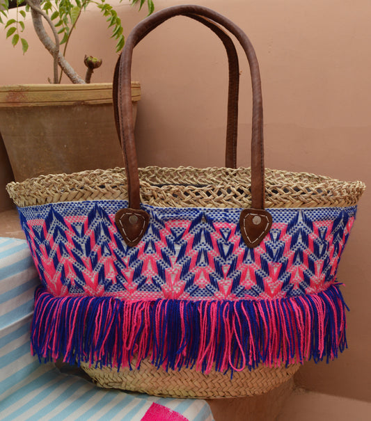 Handmade Moroccan Beach Bag - Deep Blue/Hot pink