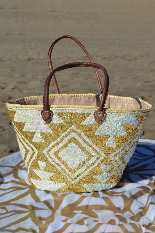 Handmade Moroccan Beach Bag - Gold/White sequined